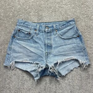 Levis Premium 501 Jean Shorts Womens Size 27 Blue Denim Distressed Jorts Big E